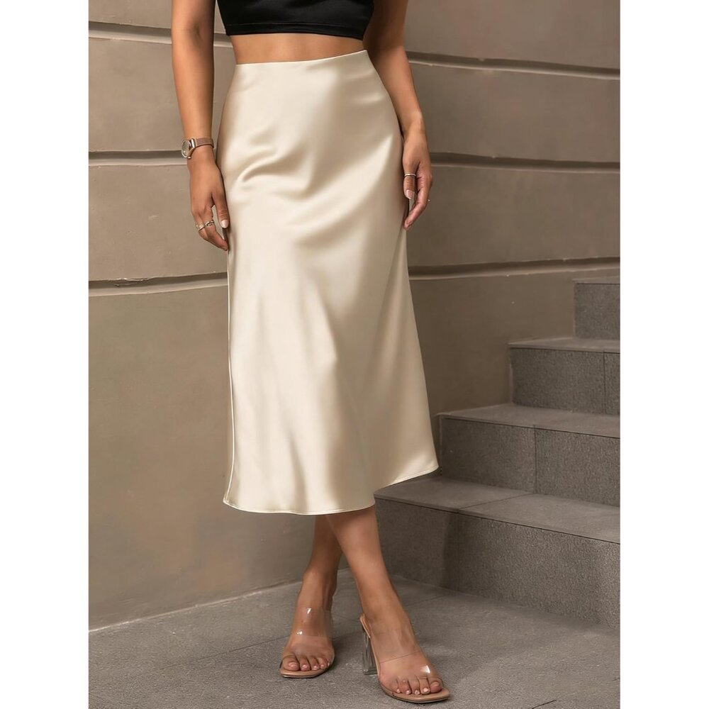 Women's Beige Satin Elegant Fishtail Silk A Line Casual luxurious Midi Skirt - Picture 4 of 6